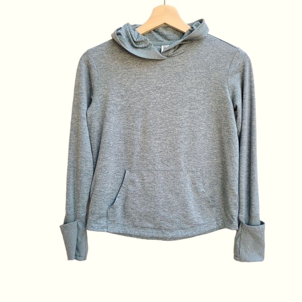 Athleta Uptempo Girl Heathered Grey Hooded Top with Roll Cuff and Pouch, Medium